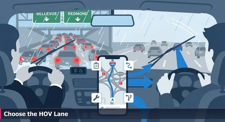 Bellevue skyline at dusk with I-405 brake lights, a person holding a laptop showing code, and a translucent map overlay highlighting an HOV lane.