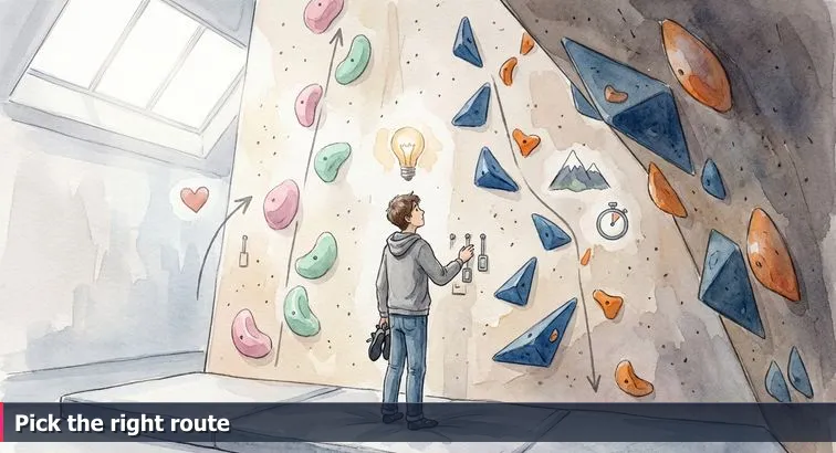Person in a climbing gym foreground looking toward the Bellevue skyline with Amazon and Microsoft towers, light rail, and distant mountains.