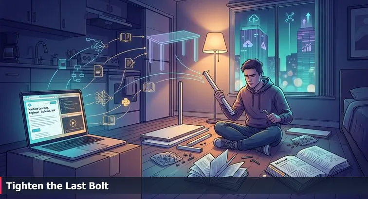 Nighttime Bellevue studio: person tightening an IKEA desk with an Allen wrench, laptop showing code and an LLM interface, downtown skyline and cranes visible through the window.