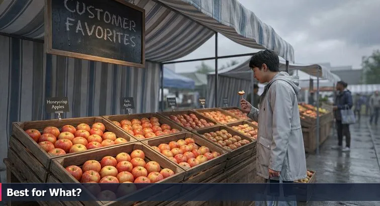 Bellevue farmers market stall with a chalkboard titled 'Top 10 AI Startups', apple crates in front and a glass-tower Eastside skyline in the background
