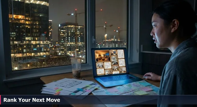 Laptop on a small kitchen table in a Bellevue apartment at night showing a color-coded spreadsheet, with Bellevue skyline visible through the window.