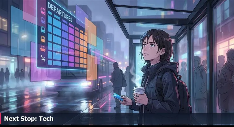 Hand holding a Bellevue Library card and an ORCA transit card in front of the Bellevue Transit Center departures board, rain-slick glass towers in the background.