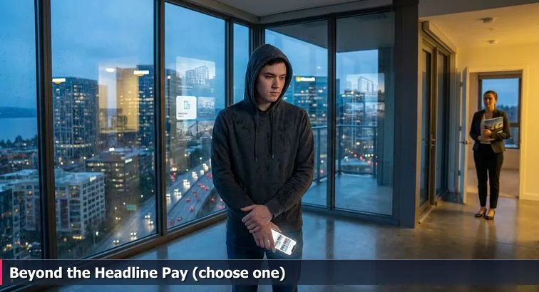 Bellevue skyline at dusk with numbered company ranking overlays and a person holding a phone comparing offers