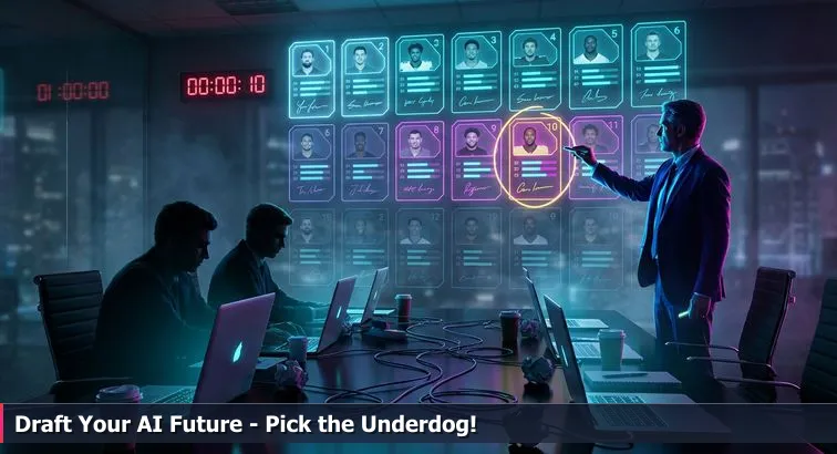 A draft board with ten labeled industry cards, a hand circling a mid-ranked card; Bellevue skyline and tech icons faintly visible in the background.