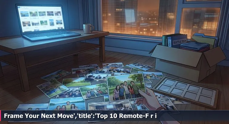 Nighttime Bellevue studio with a glowing laptop on the floor, scattered 4x6 photo prints and job listings, a ten-slot photo frame in the center, and the Bellevue skyline visible through the window