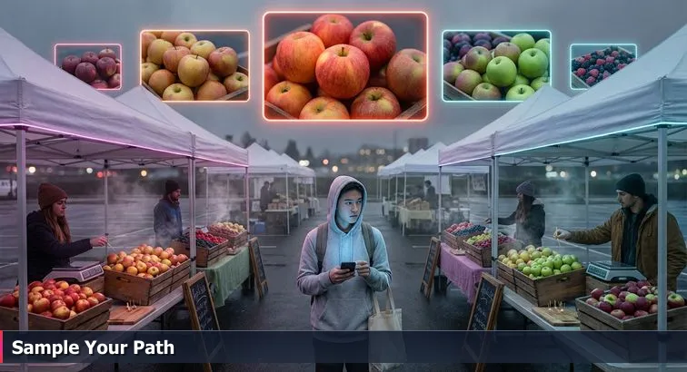 Person at Bellevue Farmers Market holding a tote bag and smartphone, eyeing market stalls labeled with tech company and apprenticeship names, with Bellevue skyline in background