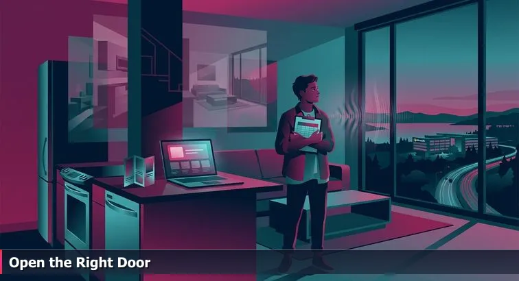 Young developer in Bellevue holding a clipboard styled like an apartment checklist with startup logos and the Microsoft campus visible in the background