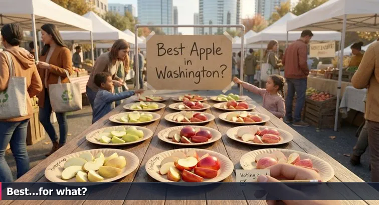 Bellevue farmers market table with ten apples labeled as universities, Bellevue skyline and a laptop showing code in the background