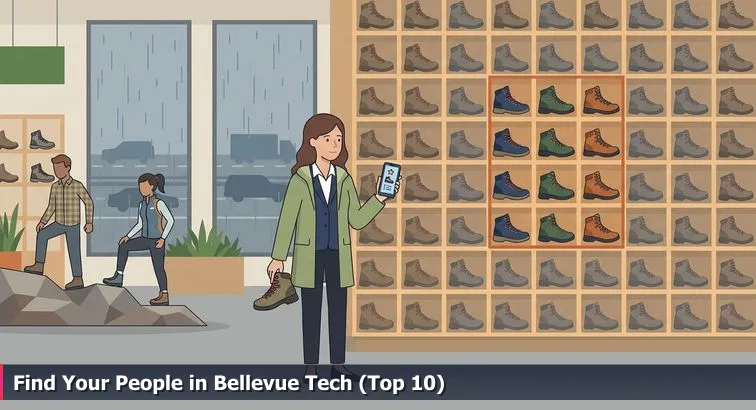 Diverse women examining hiking boots inside Bellevue REI on a rainy day, with Bellevue skyline visible through the window and phones showing subtle AI icons.