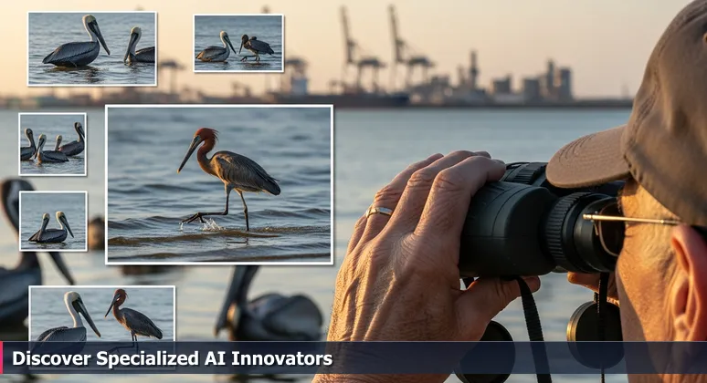 Birdwatcher's hands steadying binoculars focused on a rare reddish egret, symbolizing specialized AI startups, with Corpus Christi's industrial port skyline in the background.