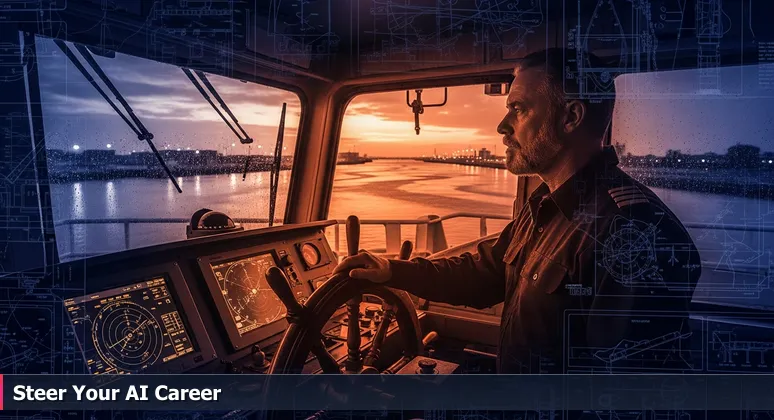 A ship pilot at the helm on a bridge overlooking the Corpus Christi Ship Channel, with digital radar screens and dawn light, symbolizing AI integration in industrial operations.