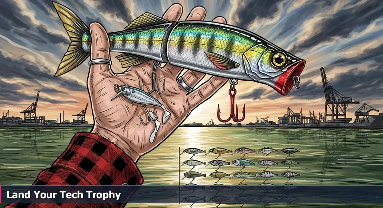 A weathered hand holds two fishing lures over the Corpus Christi Ship Channel, symbolizing tech career choices between reliable and high-reward compensation packages.