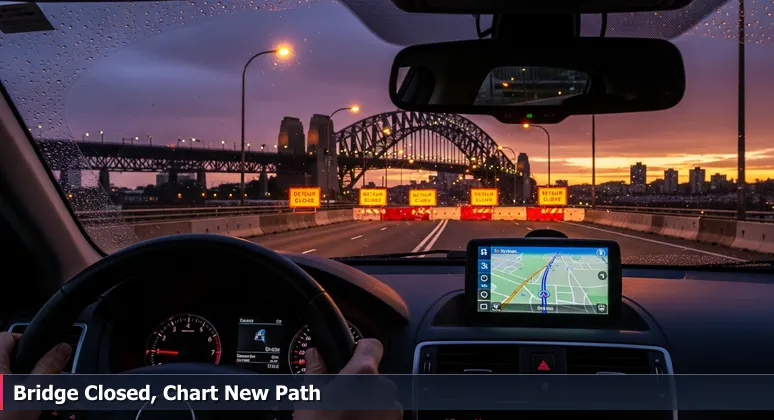 A driver's view of a car GPS displaying a route over the Harbor Bridge in Corpus Christi, TX, while the actual bridge is closed for construction in the distance.