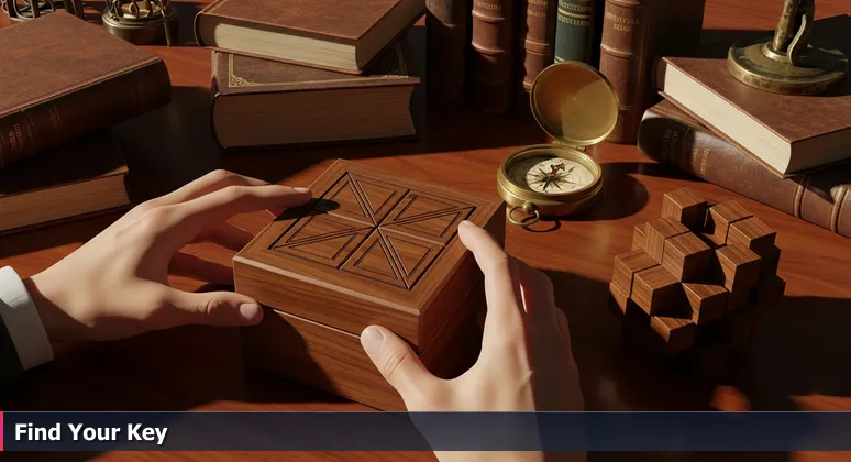 Hands holding a wooden puzzle box, tracing seams to find the hidden mechanism, representing the search for tech training funding.