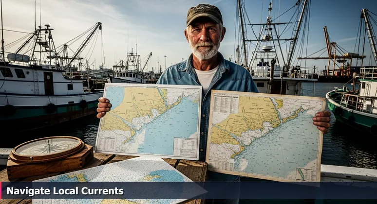 A seasoned shrimp boat captain in Corpus Christi holding a standard nautical chart and a hand-annotated local map, symbolizing localized AI salary insights.