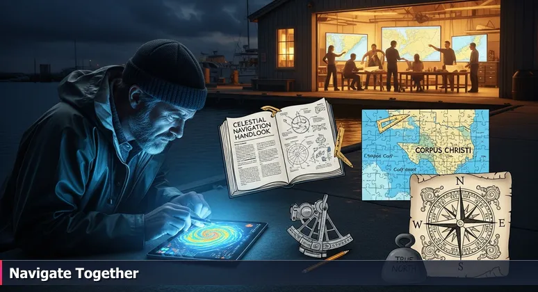 A sailor on a Corpus Christi dock at night, using a tablet, while a boat house glows with people collaborating around screens and charts.