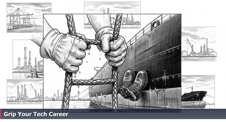 Close-up of a harbor pilot's gloved hands gripping a wet rope ladder on a massive oil tanker, with the industrial skyline of Port of Corpus Christi blurred in the background.