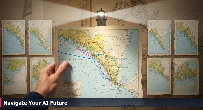 A sailor's weathered hand holds a nautical chart of the Gulf of Mexico with colored course lines, illuminated by the Port of Corpus Christi lighthouse beam, symbolizing AI career navigation in the region.