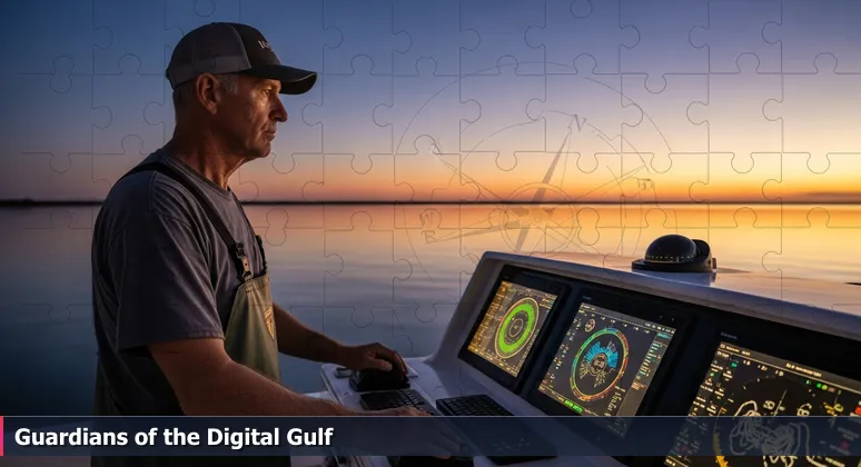 A shrimper on a Corpus Christi dock at dawn, focusing on a digital control panel with monitors and sensors, symbolizing cybersecurity vigilance in the Coastal Bend.