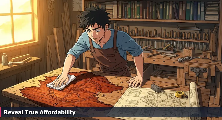 Close-up of a hand wiping grime off a wooden table to reveal the intricate grain, symbolizing hidden affordability for tech careers in Corpus Christi.