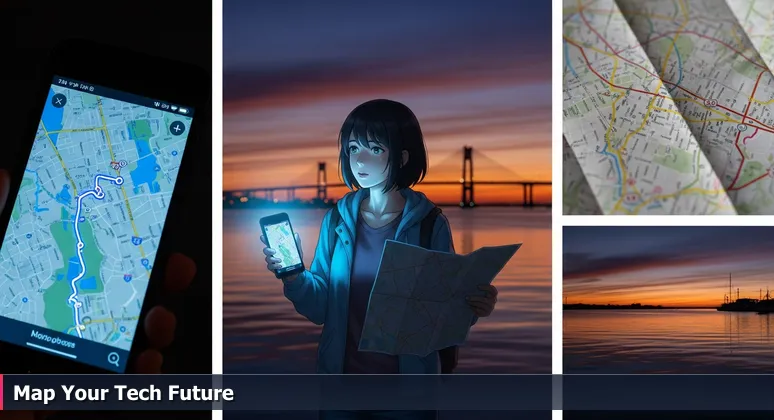 A tourist at Corpus Christi Marina holding a paper map and smartphone, looking at the Harbor Bridge, representing free tech training navigation in 2026.