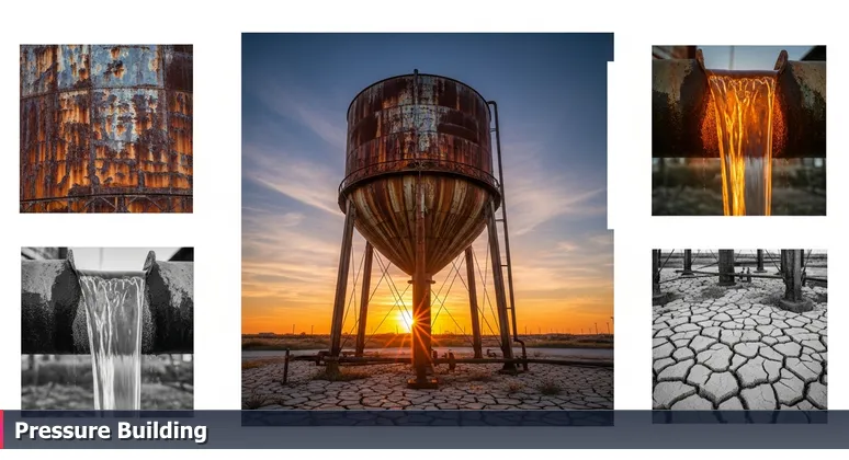 A rusty municipal water tower in Corpus Christi at sunset, with water overflowing and catching the orange light, symbolizing hidden AI opportunities in industrial infrastructure.