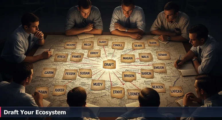 A dimly lit war room with scouts examining a glowing draft board filled with tech coworking space names and stats for Corpus Christi in 2026.