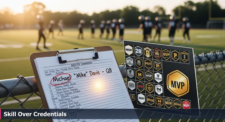 Close-up of a weathered coach's clipboard at a Corpus Christi football tryout, with a player's number circled to symbolize skill-based hiring in the local tech industry.