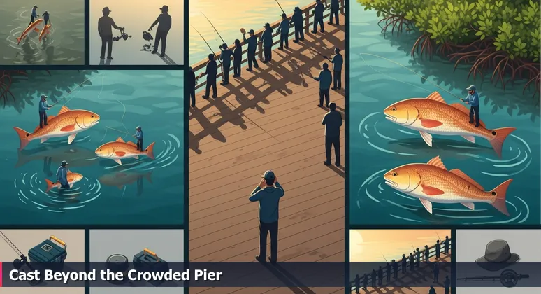 A novice angler on a crowded fishing pier in Corpus Christi at dawn, gazing towards quieter mangrove shores where local guides catch redfish, symbolizing hidden tech opportunities.