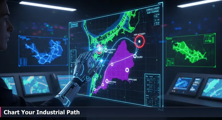 A hand traces a route on a nautical chart of the Corpus Christi Ship Channel, highlighting buoys and landmarks related to local tech employers.