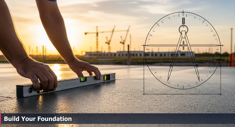 Construction worker's hands leveling a concrete foundation slab at sunset in Port Saint Lucie, symbolizing the foundational work for an AI career.