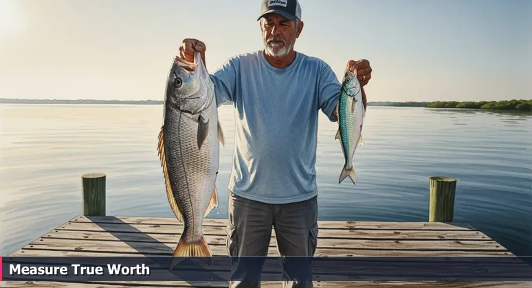 A thoughtful fisherman on the Port St. Lucie inlet compares two fish, symbolizing how to evaluate tech job offers by true value beyond base salary.