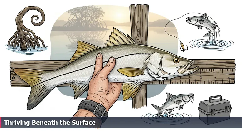 A hand holding a silver snook fish against a wooden ruler on a dock at sunrise, with mangrove estuaries in the background, symbolizing AI startups in Port Saint Lucie's tech ecosystem.