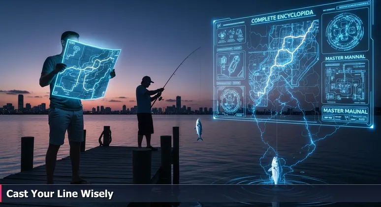 A dawn scene at Indian River Lagoon in Port Saint Lucie: a tourist on a dock looks confused by a colorful fishing map, while a local angler nearby catches a fish from an unmarked spot, symbolizing hidden AI salary opportunities.