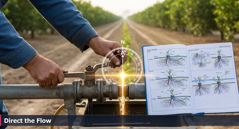 A farmer's weathered hands adjusting an irrigation channel gate in a Florida citrus grove, symbolizing strategic network building for AI professionals in Port Saint Lucie.