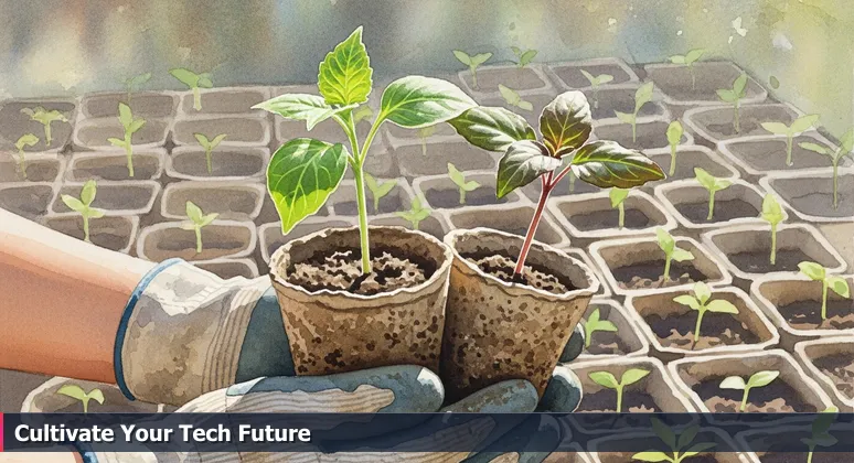 Hands in gardening gloves hold two young plants with tags reading 'Fast Growth, Annual' and 'Slow Start, Perennial,' symbolizing tech career choices in Port St. Lucie's sunny Florida setting.