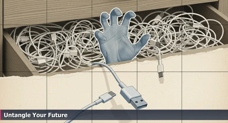 A close-up of tangled white charging cables in a drawer with a hand hovering above, symbolizing the choice between AI bootcamps for learners in Port Saint Lucie, Florida.