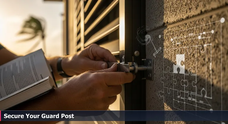 Close-up of weathered hands securing a hurricane shutter latch on a concrete wall, symbolizing hands-on cybersecurity defense in Port Saint Lucie.