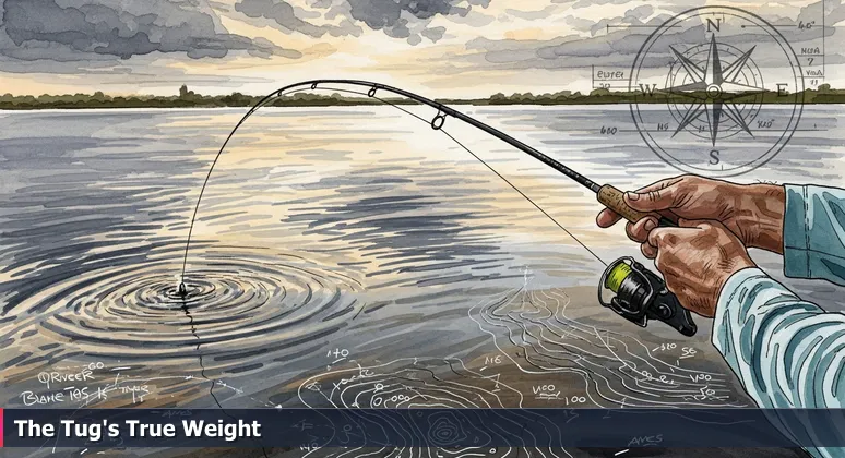 Fisherman's hands gripping a bent fishing rod on the St. Lucie River, with taut line over murky water, symbolizing hidden costs for tech pros in Port Saint Lucie.