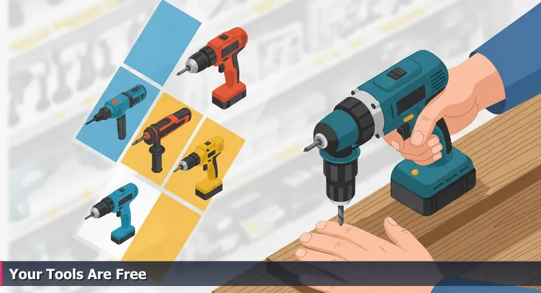 Hands holding a power drill over a wooden board in a hardware store, with a blurred background showing tools and a sign for a free DIY workshop.