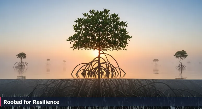 A mangrove tree on the Port Saint Lucie coastline with roots intertwined, symbolizing the supportive network for women in tech.