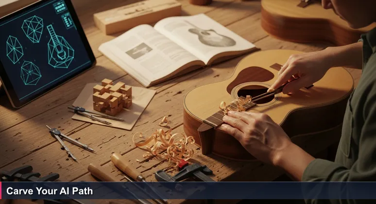 Close-up of a luthier's hands carving a guitar in a Santa Clarita workshop, symbolizing AI craftsmanship for local industries.