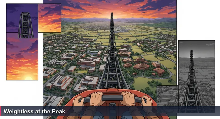 First-person view from Goliath roller coaster at Six Flags Magic Mountain, overlooking Santa Clarita Valley with tech company campuses and Los Angeles media hubs in the distance.