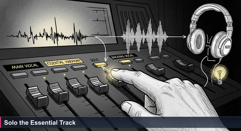 A sound engineer's hand soloing a backing vocal track on a mixing board, symbolizing hidden tech career opportunities in Santa Clarita.