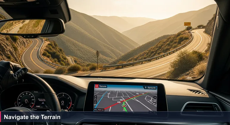 A driver's hand on a steering wheel with a GPS screen showing a route through Santa Clarita's Placerita Canyon Road, symbolizing the journey to becoming an AI engineer in 2026.