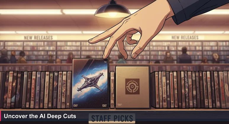A hand browsing the Staff Picks shelf in a vintage video store, symbolizing the hunt for hidden AI startups in Santa Clarita's 2026 scene.