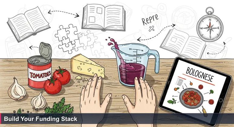 Hands in a kitchen layering ingredients with a tablet showing a tech funding recipe, symbolizing strategic resource stacking for Santa Clarita residents pursuing tech training.