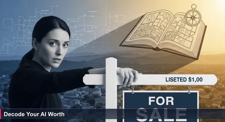A hand points to a 'For Sale' sign in a Santa Clarita suburb, with hidden overlays of salary charts and employer logos, symbolizing AI compensation complexities.