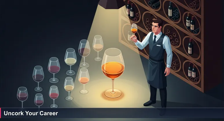 A sommelier in a dimly lit wine cellar holding a glass of wine up to the light, symbolizing the discerning evaluation of AI employer fit in Santa Clarita.