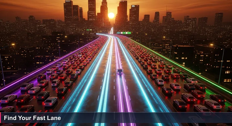 Driver's view of congested Los Angeles freeway with HOV lane speeding by, symbolizing exclusive tech job opportunities in Santa Clarita.